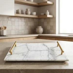 Plateau en quartz blanc avec poignées en métal doré, plateau de service décoratif en marbre pour table basse, salle à manger, maison, hôtel, restaurant - Product Image 6