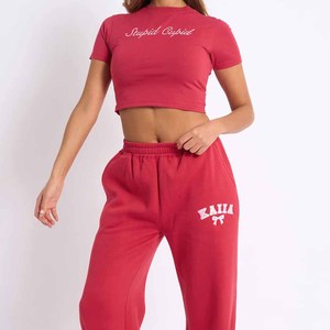 Women's <b>Red</b> Hooded Sweatshirt With <b>Bow</b> Print And Matching Joggers Loose Fit Casual Two Piece Set - Product Image 3