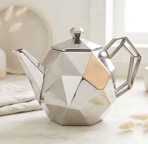 Théière géométrique en acier inoxydable sur mesure avec couvercle, en métal argenté, pour café et thé - Product Image 1