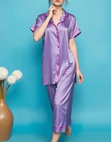 Ensemble pyjama en satin rose pour femmes, manches courtes, boutons sur le devant, col rabattu, couleur unie, vêtements de nuit d'été, 2 pièces