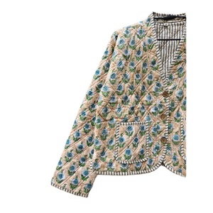 Bloc floral imprimé coton veste matelassée femmes Double face à la main col en V à manches longues manteau avant ouvert bouton veste matelassée - Product Image 2