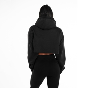 Sudadera con Capucha Corta para Mujer, de Felpa, Color Negro Sólido, Informal, de Otoño, Manga Larga, Corte Regular - Product Image 2