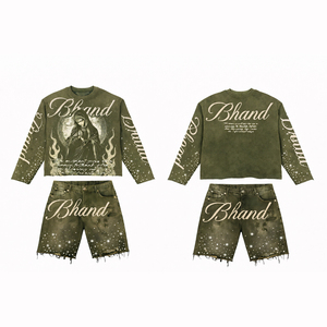 ชุดเซ็ตสตรีทแวร์วินเทจสีน้ำตาลฟอกยีนส์แบบยูนิเซ็กซ์ เสื้อสเวตเชิ้ตโอเวอร์ไซส์ กางเกงขาสั้น พิมพ์ลายกราฟิก ชุดลำลอง 2 ชิ้น - Product Image 1