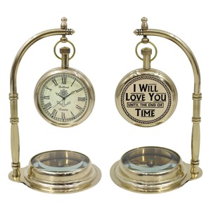 Traditional Brass Desk <b>Clock</b> With Compass Base Roman Numerals Quartz Movement Battery Operated Circular Design - Product Image 6