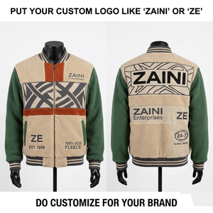 Premium Quality 350 GSM Polar Fleece <b>Jacket</b> Warm Sherpa Fleece Fabric Green Beige Contrast Panels Custom Logo Printing - Product Image 1