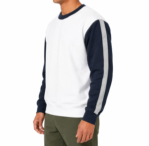 Sweat-shirt blanc à col rond pour homme, manches bleu marine, couleur unie, coupe classique, tricot en coton, pull décontracté pour l'automne - Product Image 3