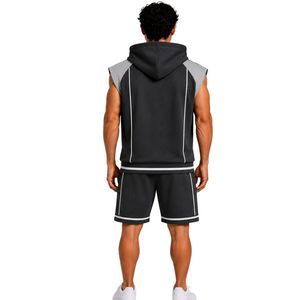 Conjunto Deportivo para Hombre, Negro y Gris Claro, Sin Mangas, con Capucha, Logotipo Personalizado, para Gimnasio, Fitness, Entrenamiento, Sudadera con Capucha y Pantalones Cortos, Ropa Deportiva - Product Image 2