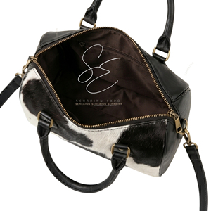 Vintage Leather and Cowhide Duffel <b>Purse</b> Handmade Weekend Bag for Women Hair On Hide Black Speedy Bag Medium Size <b>Purse</b> - Product Image 5