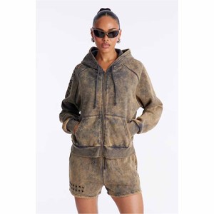 Women 2 Piece Hooded Sweatshirt Shorts <b>Set</b> Fleece Casual Sportswear Garment Dyed Loose Fit Full Sleeve Above Knee Length - Product Image 1