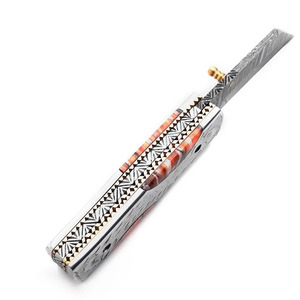 Couteau pliant en acier Damas avec gravure sur le dos, manche en résine orange, couteau de poche pour la chasse et le camping, fabricant - Product Image 4