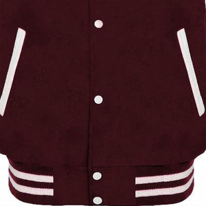 <b>Mens</b> Maroon <b>White</b> Varsity Style <b>Jacket</b> Wool Sleeves Quilted Lining Striped Ribbed Trim Zipper Closure Stand Patchwork Hooded - Product Image 4