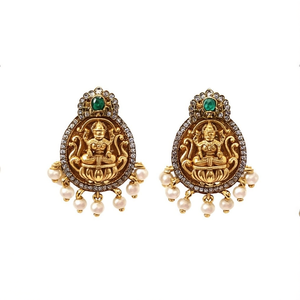 18K Gold Plated Lakshmi Earrings with Green Stone and Diamond Accents for Wedding and Party - Product Image 1