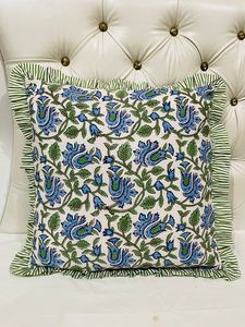 Dolly Enterprises Handmade Cotton Luxury Floral Block Print Throw <b>Pillow</b> Cover Ruffle Edge Boho <b>Sofa</b> Cushion Case Zipper Closure - Product Image 5