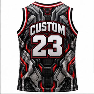 Maillot de basket sans manches pour homme, personnalisé, imprimé 3D, col rond, séchage rapide, polyester, sportif, rouge et noir - Product Image 2
