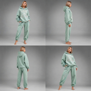 Oversized Fleece Tracksuit Women's Rhinestone Print <b>Hoodie</b> French Terry Jogger Two Piece Set Ladies Raw Seam Hooded Sweat Suit - Product Image 5