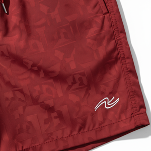 Men's <b>Red</b> Solid Color Quick Dry Canvas 100% Polyester Front Logo Elastic Waist Mid Casual Board Shorts - Product Image 2