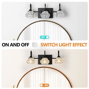 Lampada da parete retrò a 3 luci per bagno, 17 pollici, con finitura nera e paralumi in vetro cristallo - POW! - Product Image 6