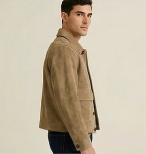 Gravs <b>Mens</b> Beige <b>Suede</b> Slim Fit Premium Leather Shirt Style <b>Jacket</b> Windproof Mandarin Collar Button Closure Flap Pockets Casual - Product Image 4