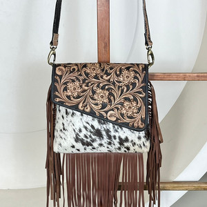 Bolsos cruzados con flecos de cuero de vaca a mano occidental de última moda, bolso de hombro oculto con pelo genuino para mujer - Product Image 4