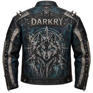 Custom Mens Genuine Leather Jacket Blue Grey Distressed Wolf Graphic Printed Spiked <b>Studded</b> Biker Moto Outerwear Coat Factory - Product Image 2