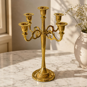 Candélabre vintage en laiton doré à 5 bras, support décoratif pour bougies, chandelier à cinq bras, centre de table - Product Image 1