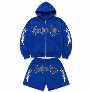 Conjunto de Sudadera con Capucha y Pantalones Cortos de Invierno para Hombre, 100% Algodón, Felpa Transpirable, Tela de 400g, Diseño Desgastado por el Sol, con Cierre de Cremallera - Product Image 1