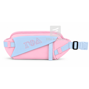 Riñonera Personalizada de la Hermandad Gamma Phi Delta con Logotipo Bordado en la Parte Delantera, Cierre de Cremallera Azul Cielo y Rosa, Uso Diario Informal para Mujer - Product Image 1
