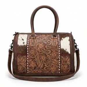 2026 Best Seller <b>Hand</b> Tooled Floral Carved With Brown & White Color Hair Fur 100% Genuine Leather Women's <b>Mini</b> Speedy Duffle Bag - Product Image 1