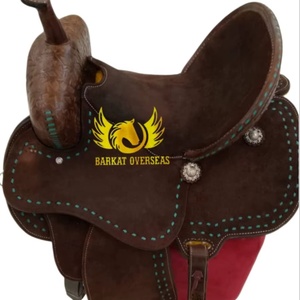 Custom Aztec <b>Tooled</b> Deep Seat Turquoise Buckstitch Western Barrel Genuine <b>Leather</b> Horse Saddle with Durable soft padded seat - Product Image 1