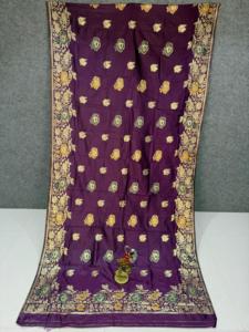 <b>Purple</b> Silk <b>Saree</b> With Gold Floral Embroidery Traditional Wedding Party Wear For Women India Pakistan Style - Product Image 4