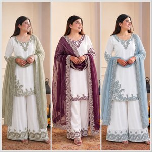 Ensemble de salwar kameez palazzo traditionnel blanc brodé pour femmes avec dupatta bleu clair - Product Image 5