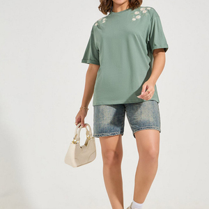 T-shirt pour femmes avec broderie florale, coton doux, coupe ample, mode décontractée, streetwear, vêtements d'été - Product Image 3