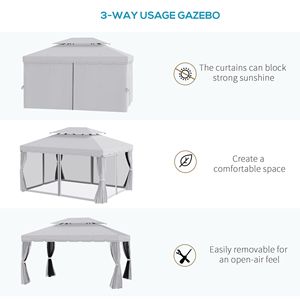 Gazebo da Giardino 10x13 con Telaio in Alluminio, Tetto in Poliestere a 2 Livelli con Rete, Pergola Portatile in Legno Grigia per Esterni - Product Image 4