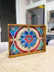 Plateau de service en bois au design floral en émail de haute qualité de luxe Beau plateau de service au design imprimé en émail par FWE - Product Image 4