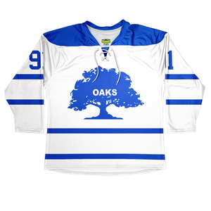Camiseta de Hockey sobre Hielo Blanca y Azul Sublimada, Manga Larga, Cuello en V, Absorbe la Humedad, 100% Poliéster, Doble Correa, Unisex para Adultos, Corte Regular - Product Image 1