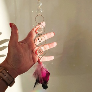 4 Layer Gold Metal And Pink Feathers Sun Catcher Wall Hanging For Home <b>Window</b> Decor Elegant Luxury Boho Style <b>Light</b> Art Piece - Product Image 6