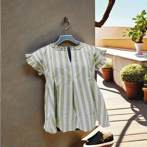 Tunique décontractée ample en coton à manches courtes, col rond, rayée, tricotée, écologique, longueur au sol, pour femme – Collection été 2026 – Nouveauté promotionnelle - Product Image 1