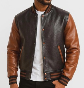 Veste en cuir véritable pour homme, manches marron, corps noir, style universitaire classique, col rabattu, vêtements d'extérieur décontractés, vêtements d'automne - Product Image 1