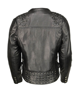 Blouson de motard en cuir véritable noir pour homme avec fermeture éclair asymétrique, détails cloutés aux épaules, col à revers et multiples détails - Product Image 3