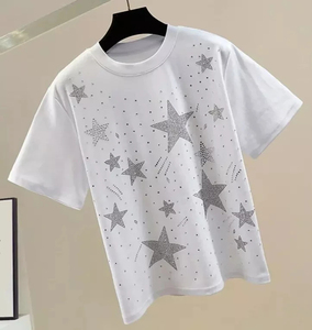 Camiseta Blanca Personalizada de Manga Corta para Hombre con Diseño de Estrellas Brillantes, Cuello Redondo, Estilo Urbano, Largo Regular, Transpirable, 100% Algodón - Product Image 5