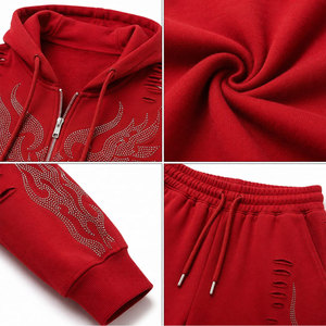 Survêtement rouge à capuche avec imprimé ailes croisées en strass, pantalon de survêtement évasé pleine longueur, fermeture éclair sur le devant, streetwear unisexe, vêtements d'hiver - Product Image 6