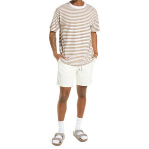 T-shirt en coton rayé pour homme avec short blanc, tenue décontractée d'été, respirant, taille à cordon de serrage, style bermuda mi-long - Product Image 1