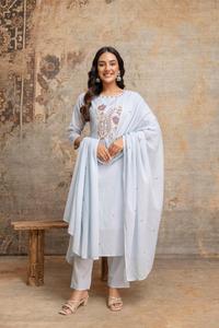 Blue Embroidered Pure Cotton <b>Women</b> Salwar Kameez Set 3/4th Sleeve <b>Kurti</b> & Pant with Dupatta <b>for</b> Party Wedding - Product Image 2