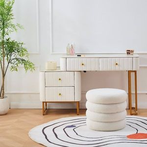 Pouf Contenitore Rotondo Moderno in Sherpa con Vassoio Ribaltabile, Sgabello da Toeletta in Teddy, Sedia Imbottita per Trucco, Arredo Casa - Product Image 6