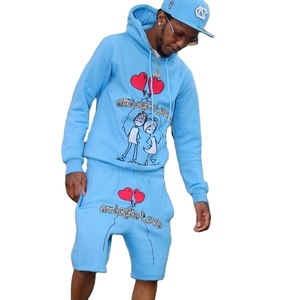 Custom Embroidery Pullover Hooded Sweatshirt & Shorts <b>Men's</b> Casual Print Streetwear 2-Piece Summer Tracksuit for Street Style - Product Image 1