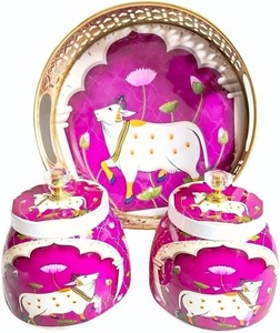 Pot en métal Pichwai artisanal avec plateau, design vintage, récipient décoratif traditionnel pour la décoration de la maison, festival et article cadeau - Product Image 1