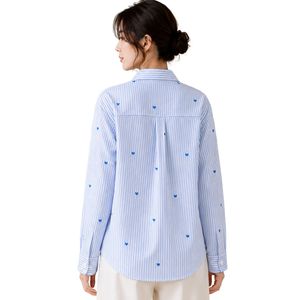Camisa de Mujer a Rayas Blancas y Azul Claro, con Botones, Manga Larga, Blusa de Algodón, Bordado de Corazón, Corte Holgado, Estilo Casual, Talla Grande - Product Image 2