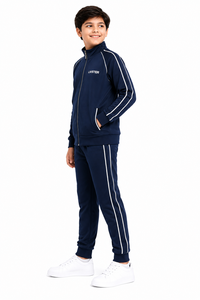 Ensemble veste zippée intégrale et pantalon de jogging assorti Livster Kids bleu marine en softshell 100% coton, vêtements de sport haut de gamme pour garçons - Product Image 2