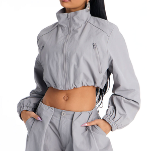 Women's Autumn/Winter Lightweight Knitted Polyester Cropped Windbreaker <b>Jacket</b> Custom Short Canvas Stand Collar High Street - Product Image 5