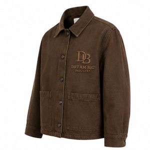 Custom Brown Workwear <b>Jacket</b> With Logo Embroidery Personalized Unisex Button Up Utility <b>Jacket</b> Streetwear Casual Outerwear - Product Image 3
